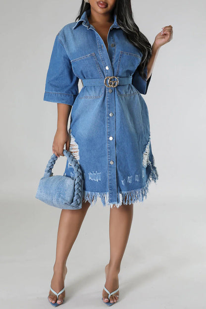 Street Fringed Trim Ripped Pocket Buckle Patchwork Turndown Collar Three Quarter Loose Denim Dresses