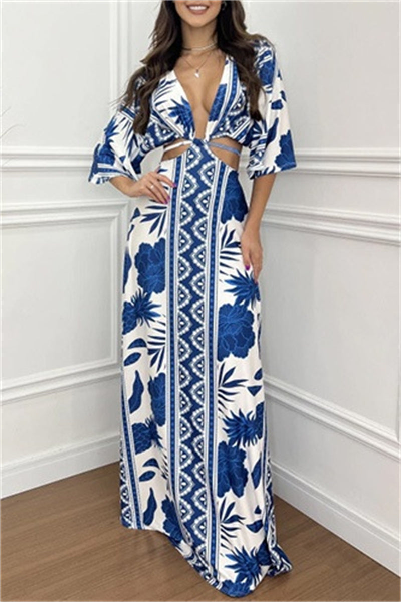 Casual Print Belted V Neck Long Dresses