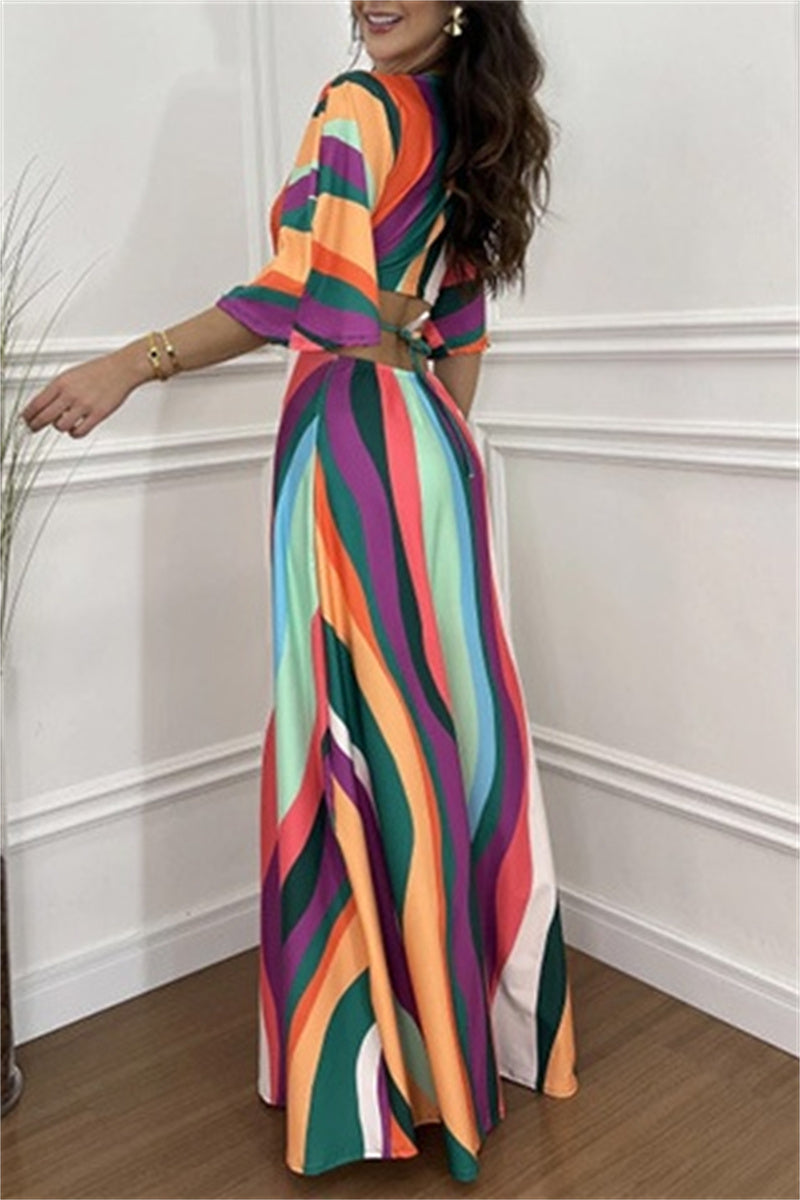 Casual Print Belted V Neck Long Dresses