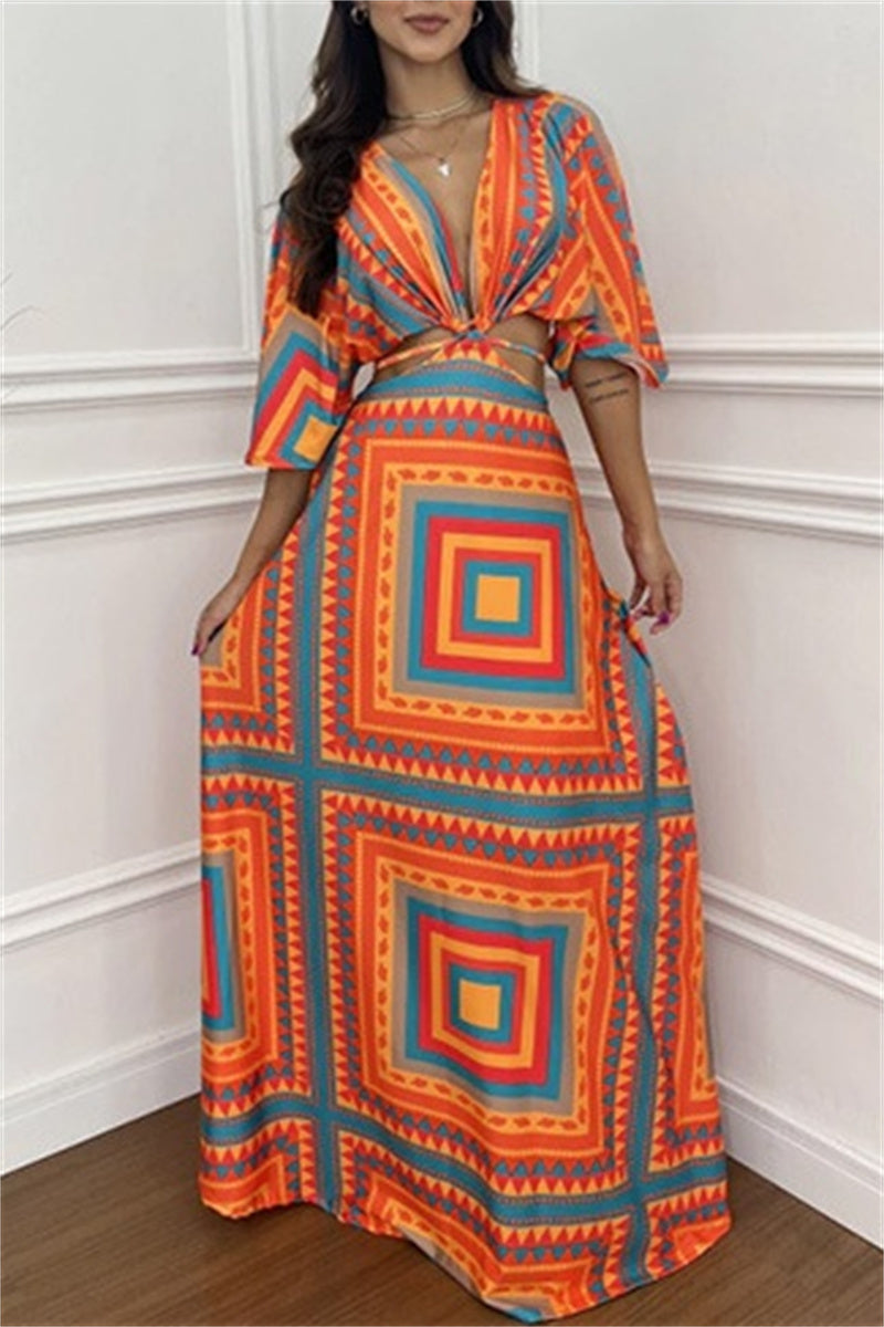 Casual Print Belted V Neck Long Dresses