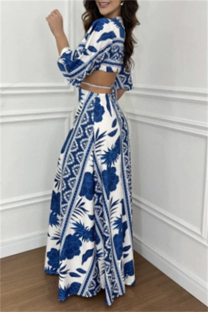 Casual Print Belted V Neck Long Dresses