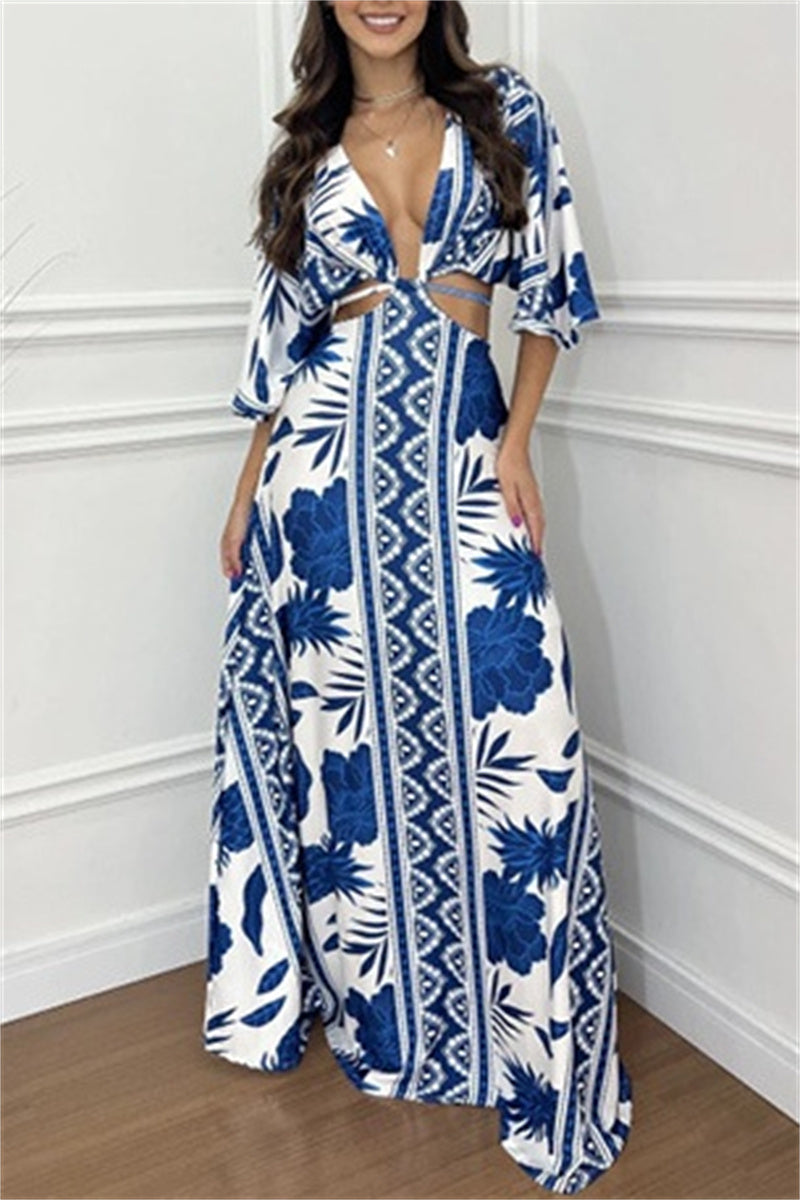 Casual Print Belted V Neck Long Dresses