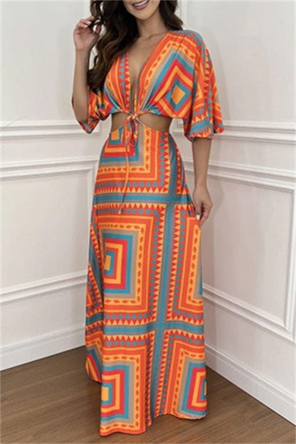 Casual Print Belted V Neck Long Dresses