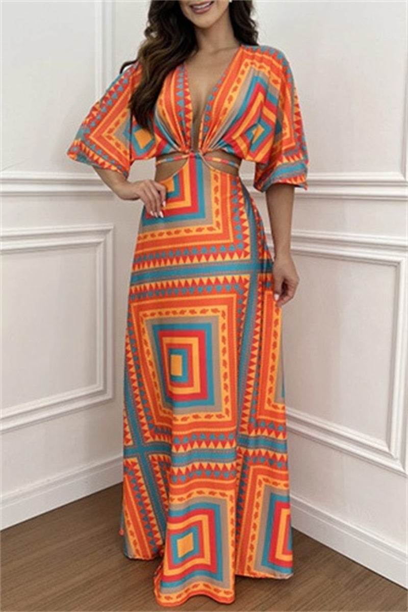 Casual Print Belted V Neck Long Dresses