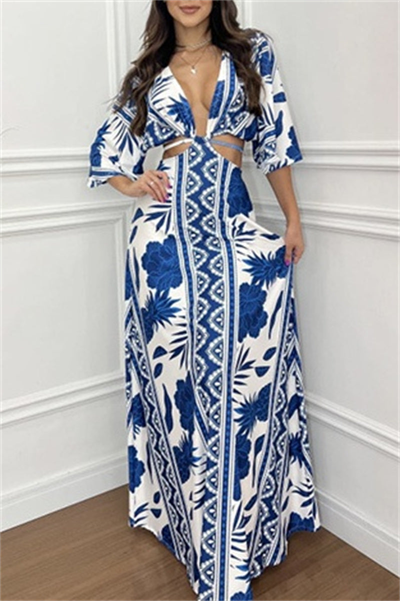 Casual Print Belted V Neck Long Dresses