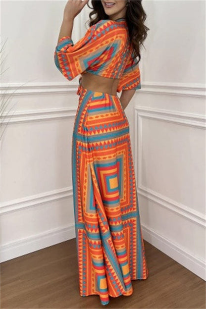 Casual Print Belted V Neck Long Dresses