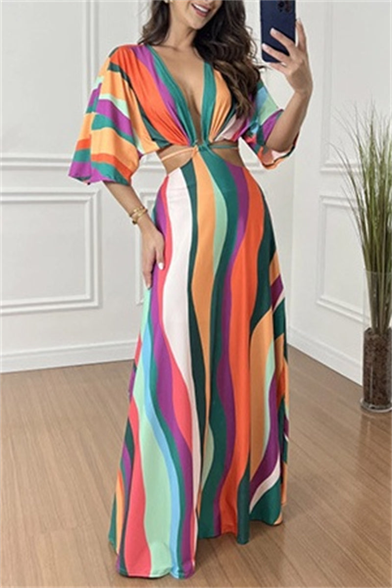 Casual Print Belted V Neck Long Dresses