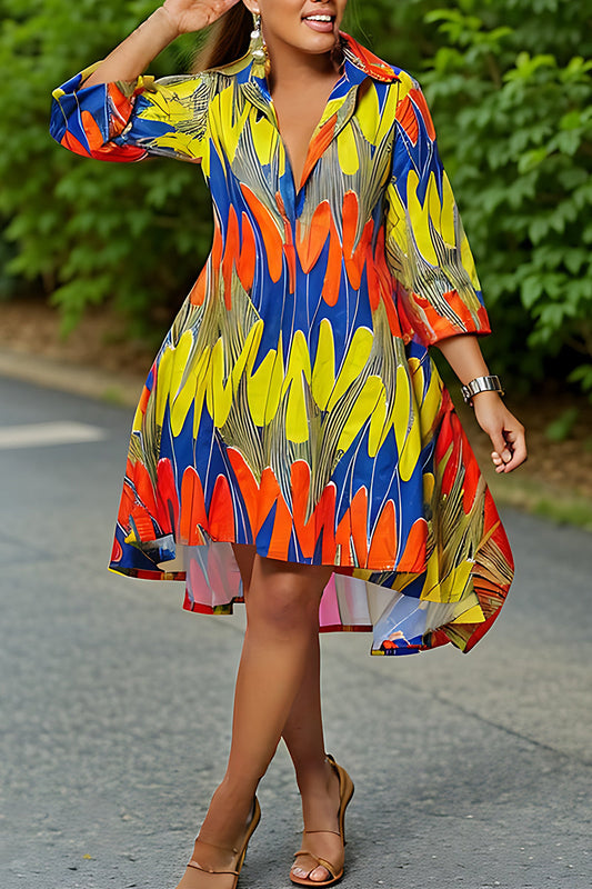 Casual Print Buttons Turndown Collar Long Sleeve Dresses