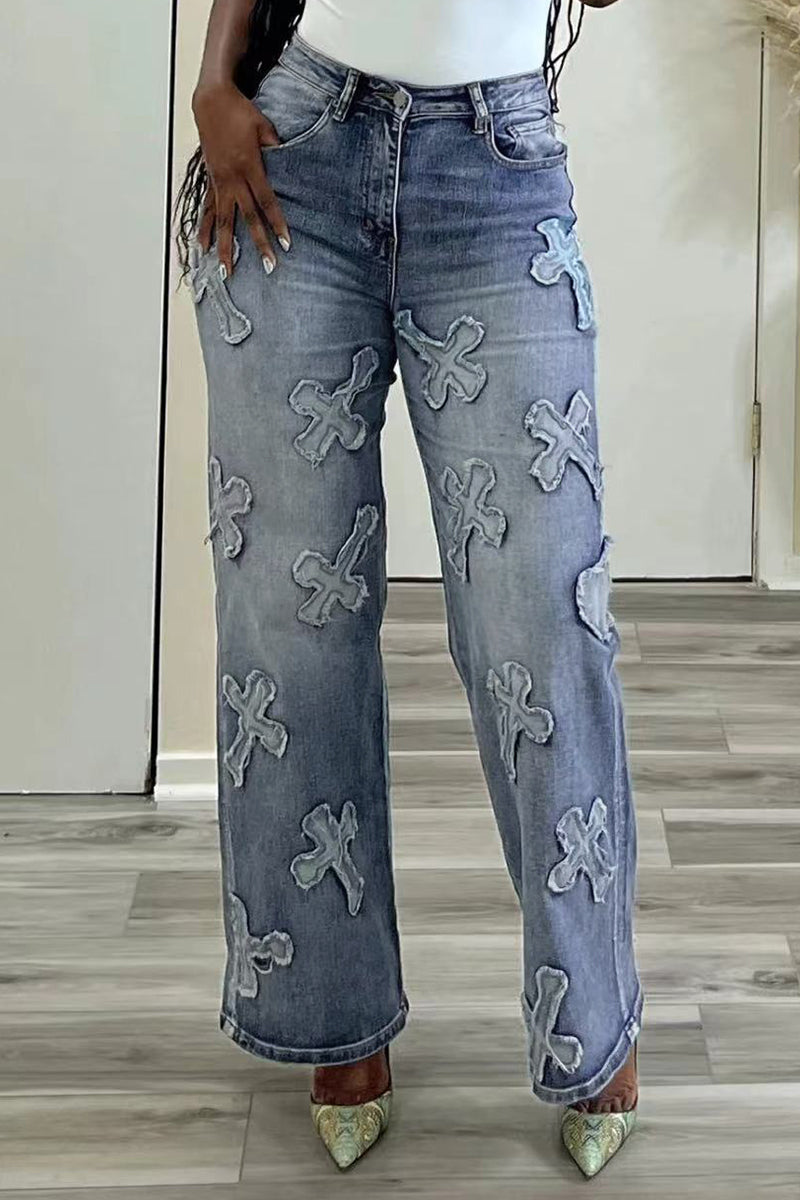 Casual Patchwork Basic High Waist Straight Denim Jeans