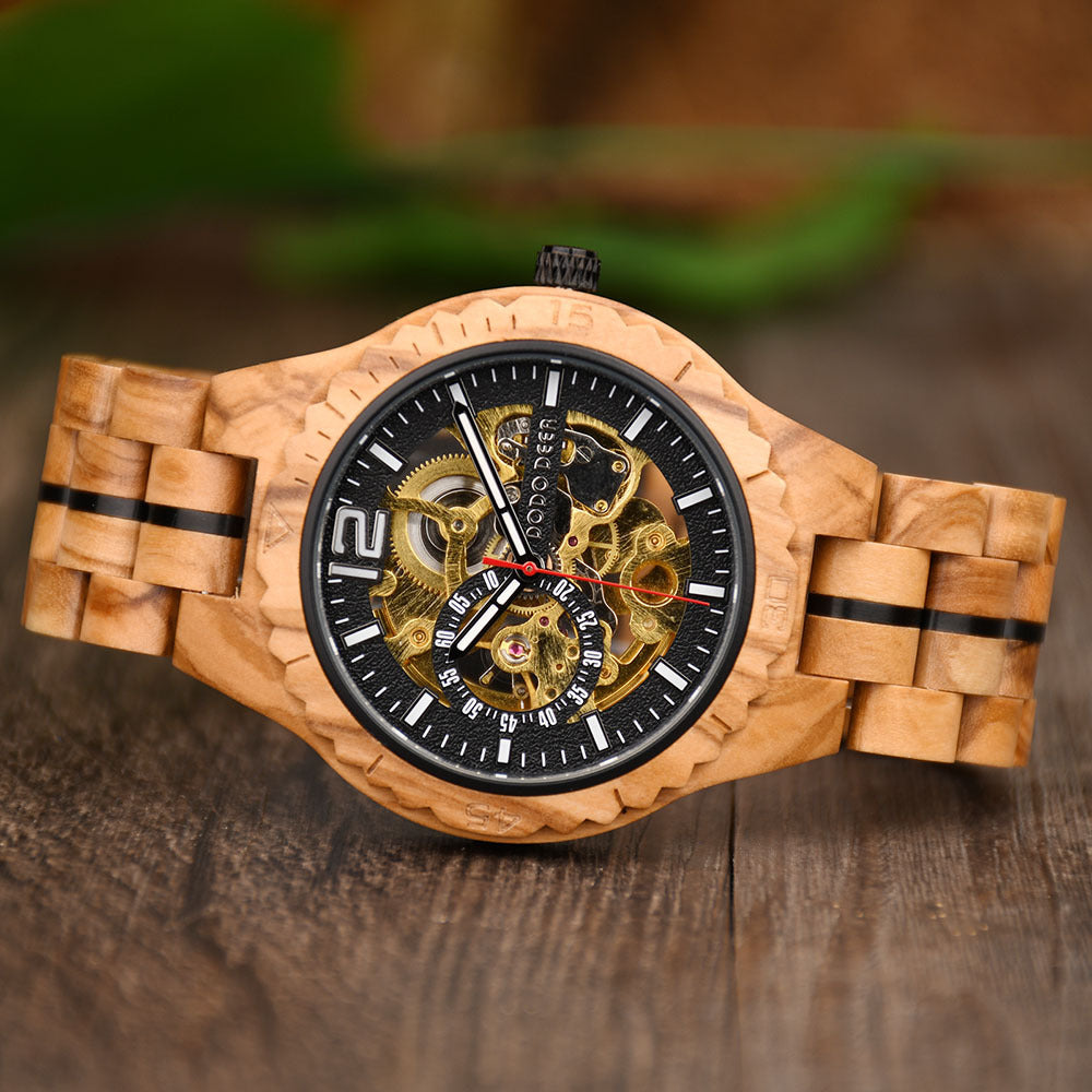 Stainless Steel Mechanical Wood Watch