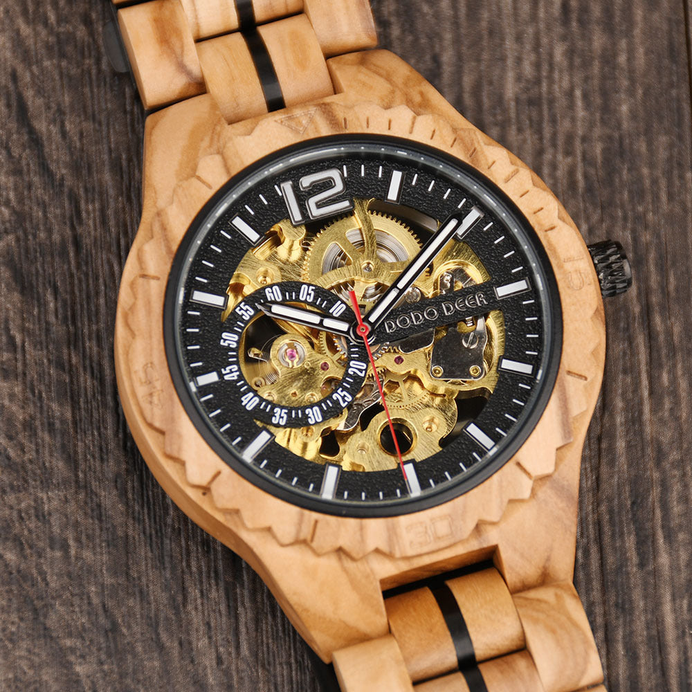 Stainless Steel Mechanical Wood Watch