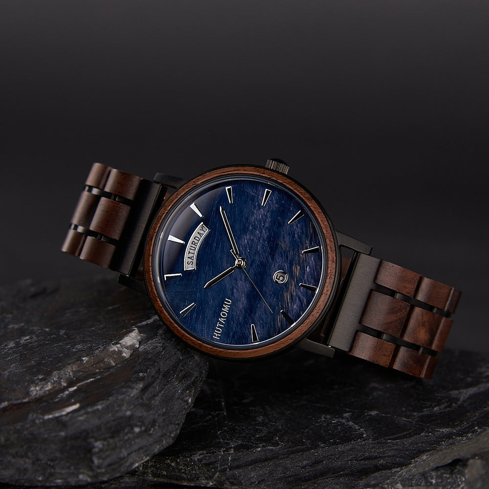 Stainless Steel Quartz Wood Watch