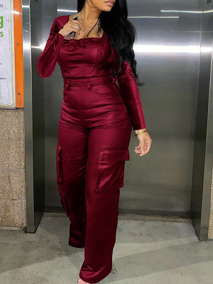 Faux-Leather Cargo Jumpsuit