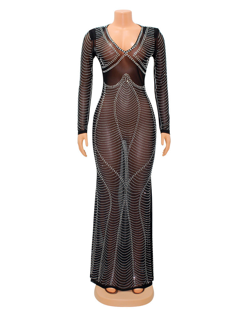 Sexy Mesh See-Through Perm Long Dress Women