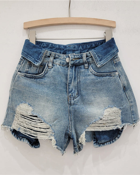 High Waist Ripped Wide Leg Denim Shorts Blue