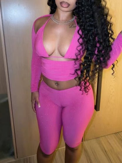 Solid Crop Top & Capri Pants 3‑Piece Set
