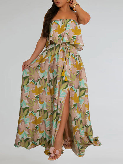 Printed Strapless Slit Dress