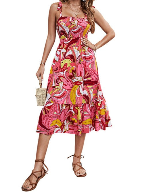 Pink Suspender Floral Women's Dress