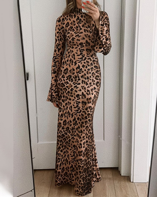 Leopard Print High Collar Stylish Slimming Dress