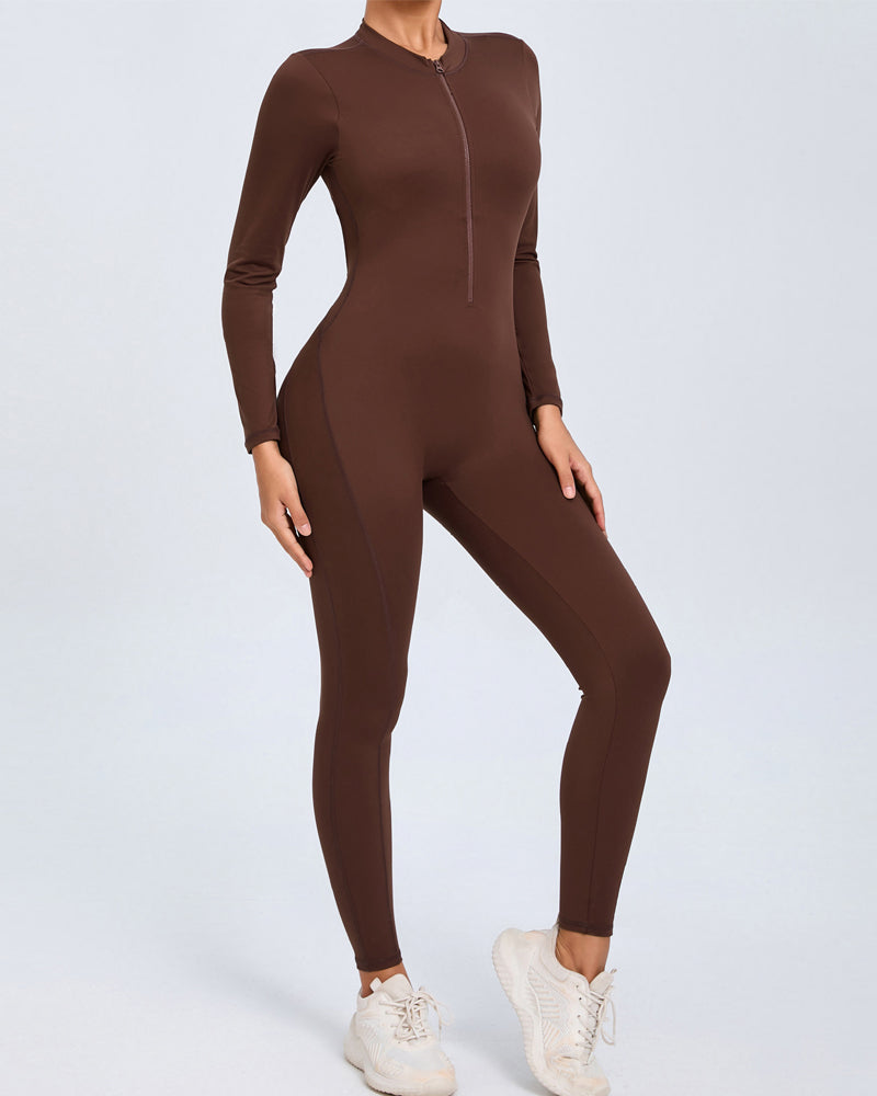 Zippered Long Sleeve Butt Lift Yoga Jumpsuit