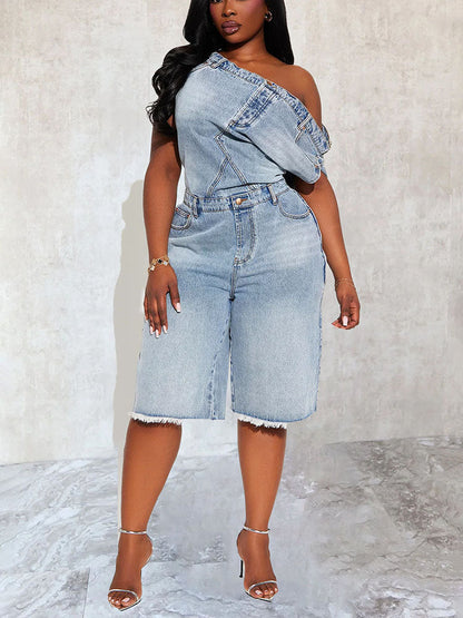 Asymmetric Off-Shoulder Denim Jumpsuit