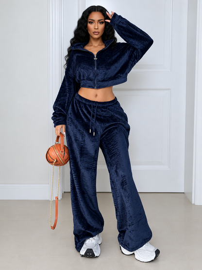 Solid Fleece Zip-Up Top & Drawstring Pants Set