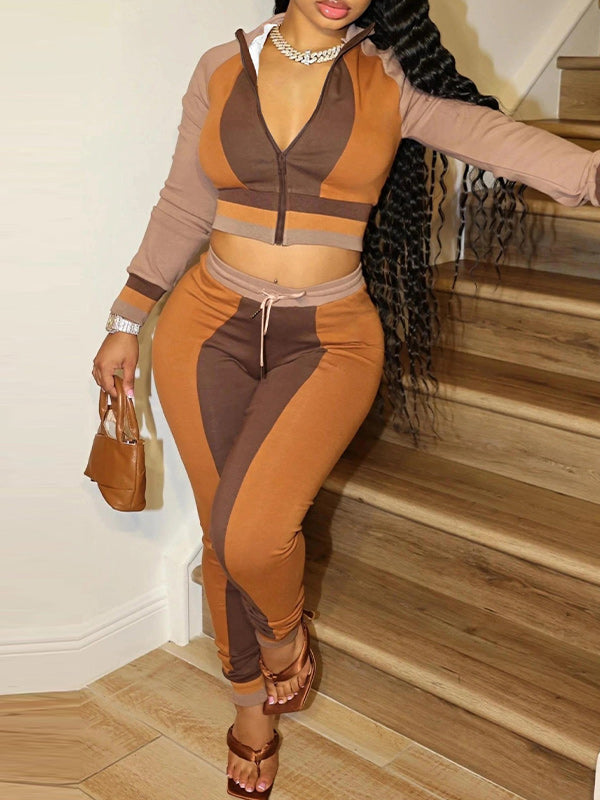 Colorblock Top & Drawstring Pants Set