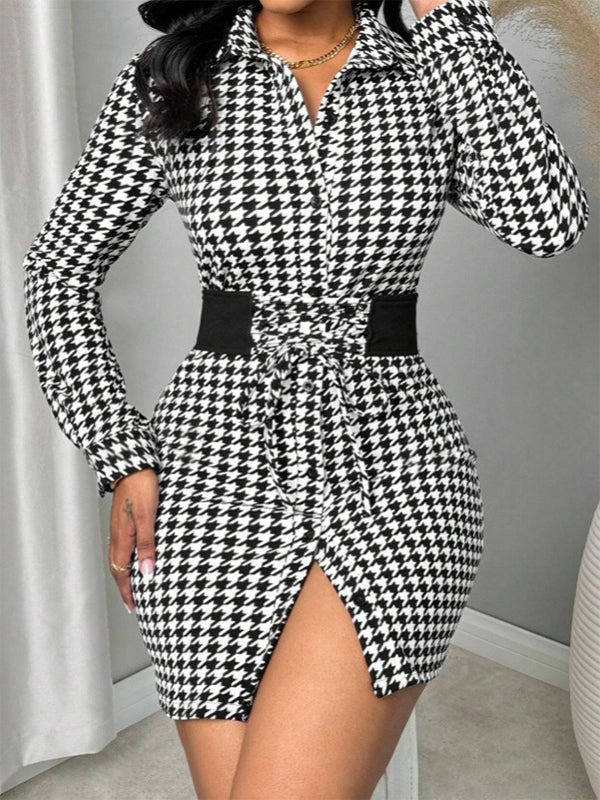 Houndstooth Lace-Up Dress
