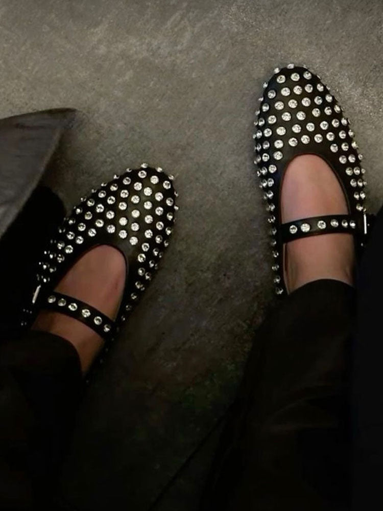 Rhinestone Leather Ballet Flats