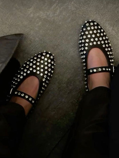 Rhinestone Leather Ballet Flats