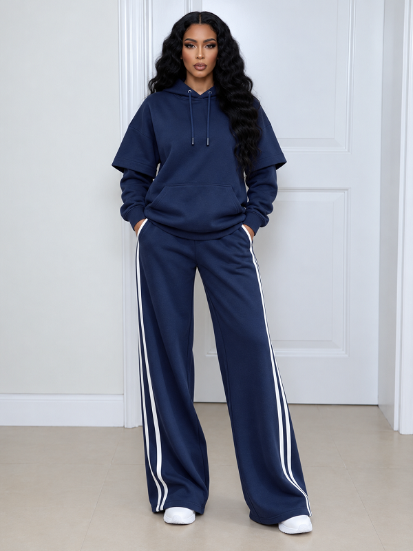 Solid Hoodie & Striped Pants Set