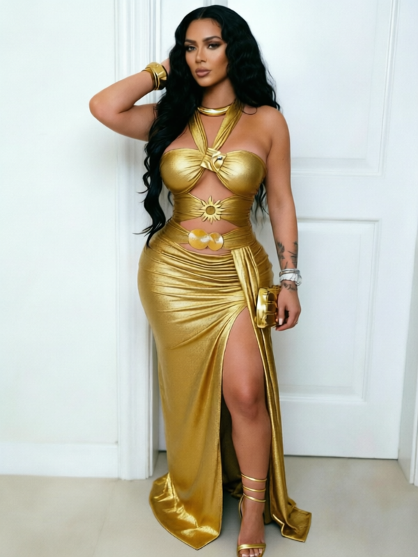 Metallic Halter Slit Maxi Dress