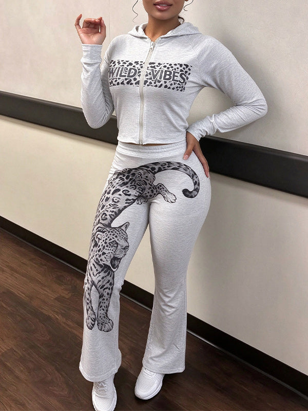 Letter Print Top & Leopard Pants Set