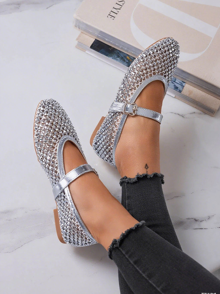 Rhinestone Leather Ballet Flats