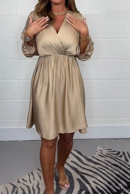 Women's Casual Solid Color Satin V Neck Dress