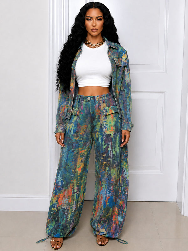 Painterly-Print Wide-Leg Jeans