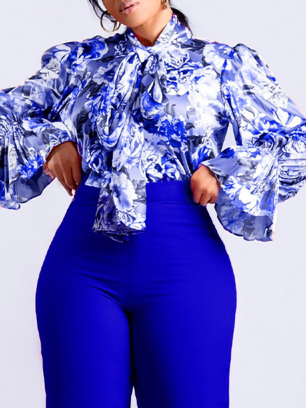 Printed Tie‑Up Flare Sleeve Blouse