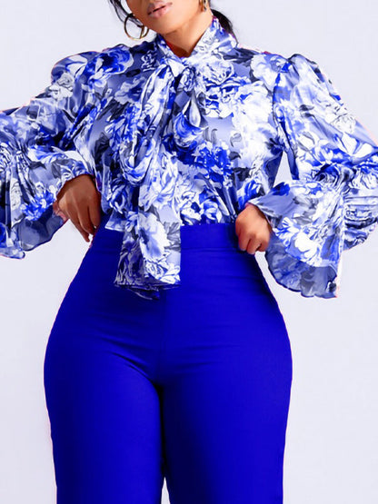 Printed Tie‑Up Flare Sleeve Blouse