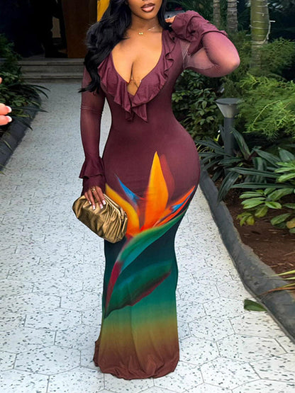 Color‑Blocked Flare Sleeve Bodycon Maxi Dress