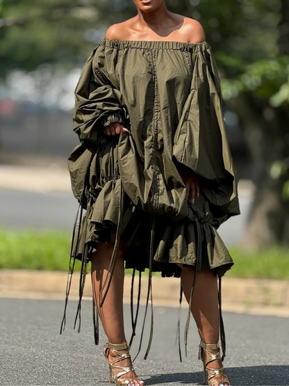 Solid Off-Shoulder Drawstring Dress