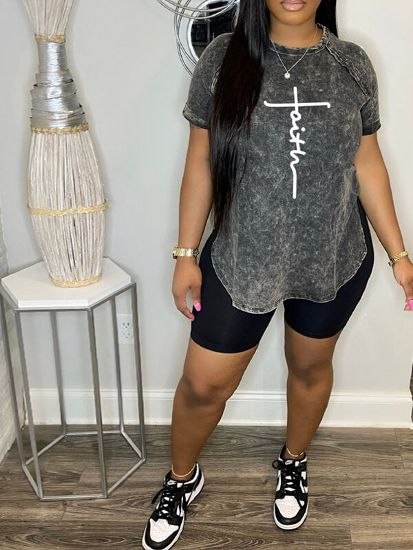 Logo Printed Slit Tee & Biker Shorts Set-Clearance