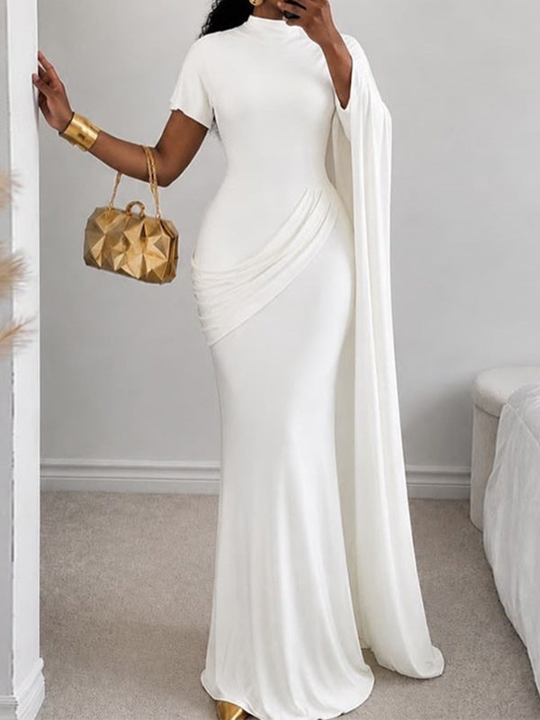 Solid One‑Side Cape Sleeve Maxi Dress