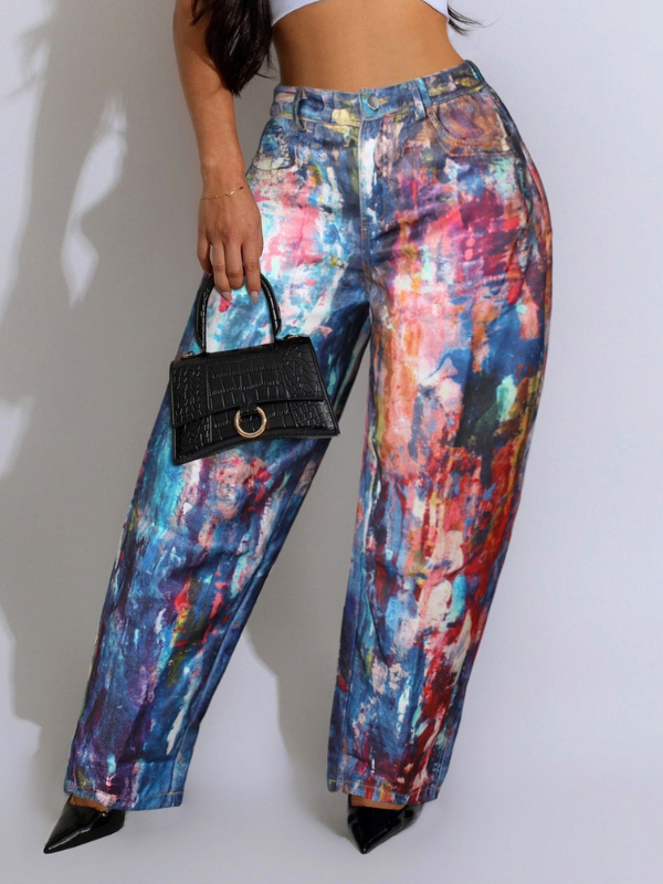 Morchique Abstract Colorblock Loose Casual Jeans