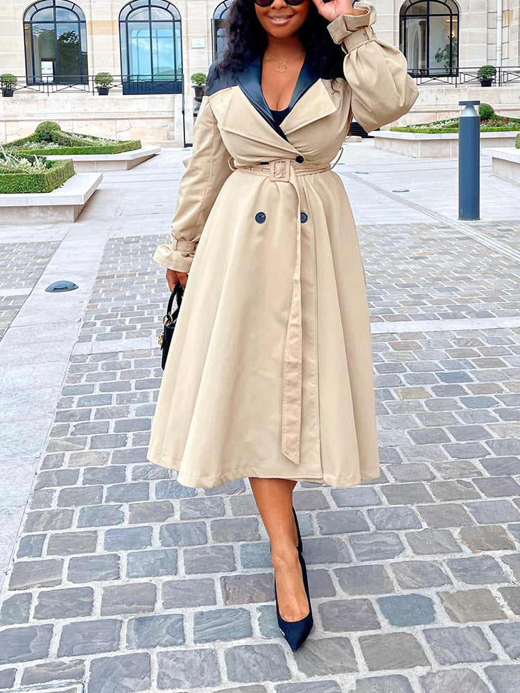 Leather Contrast Belted Trench Coat