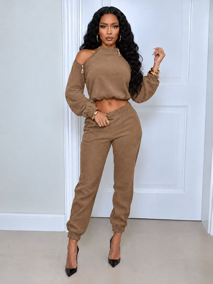 Solid Zip-up Crop Top & Pants Set