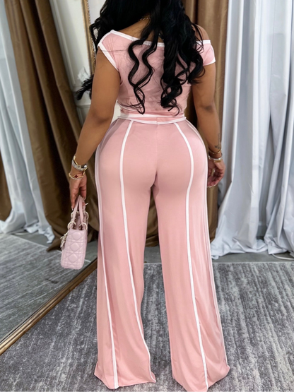 Morchique Piping Off-Shoulder  Short Top & Pants Set