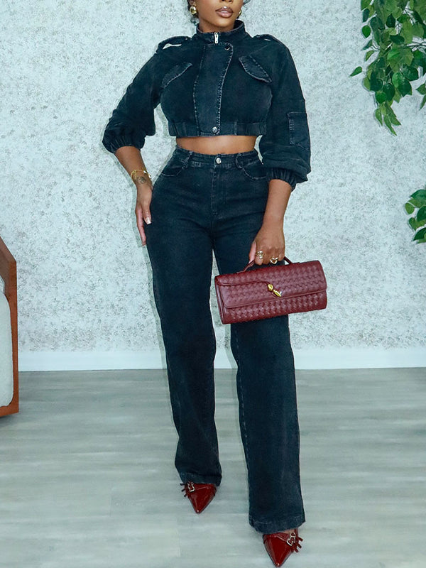 Denim Cropped Jacket & Pants Set