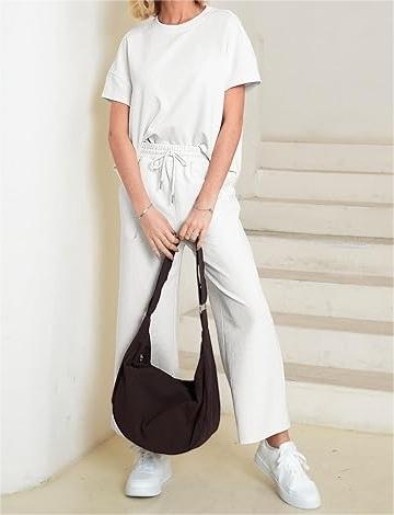 Round Neck Short Sleeve Casual Sports Suit white