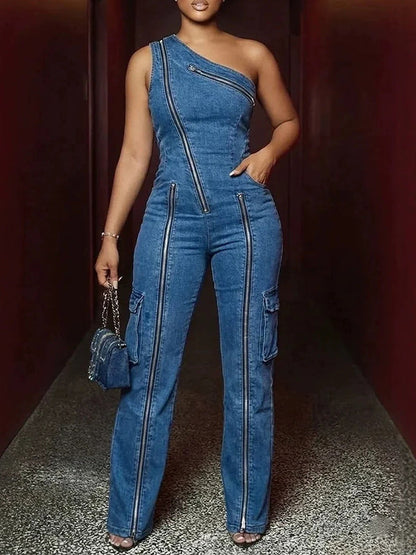 Zipper Denim Cargo Jumpsuit