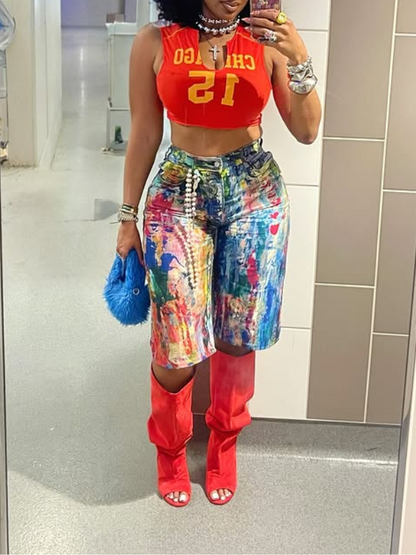 Abstract Painted Straight Denim Shorts